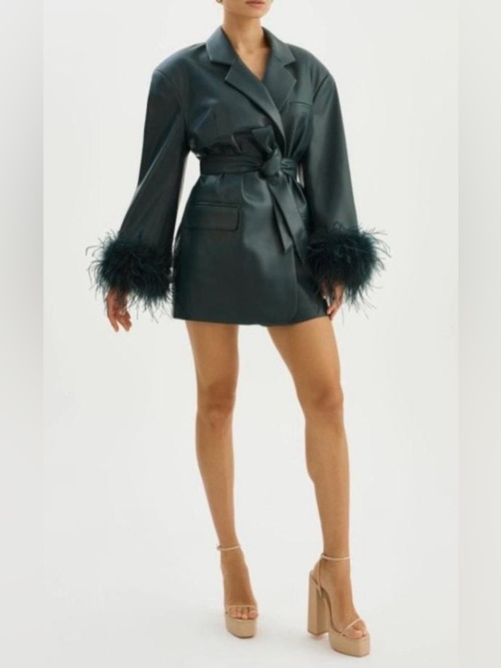 Lamarque Dark Green Faux Leather Belted Blazer with Feather Cuffs